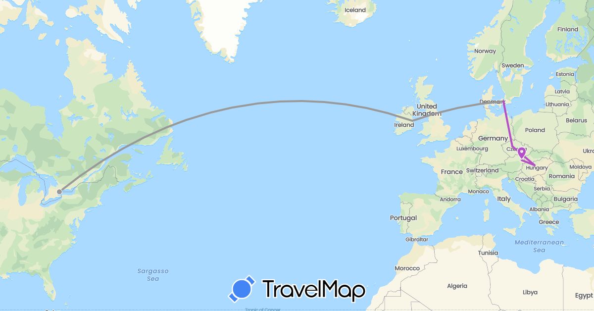 TravelMap itinerary: plane, train in Austria, Canada, Czech Republic, Denmark, Hungary, Ireland (Europe, North America)