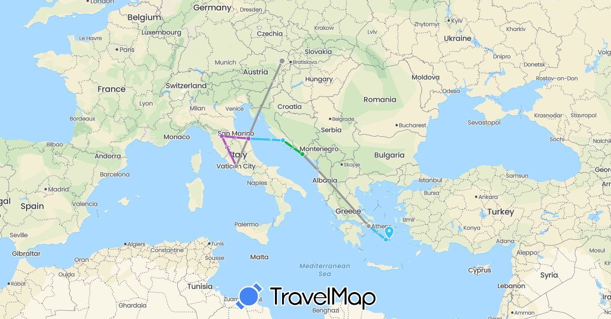 TravelMap itinerary: driving, bus, plane, train, boat in Austria, Greece, Croatia, Italy (Europe)