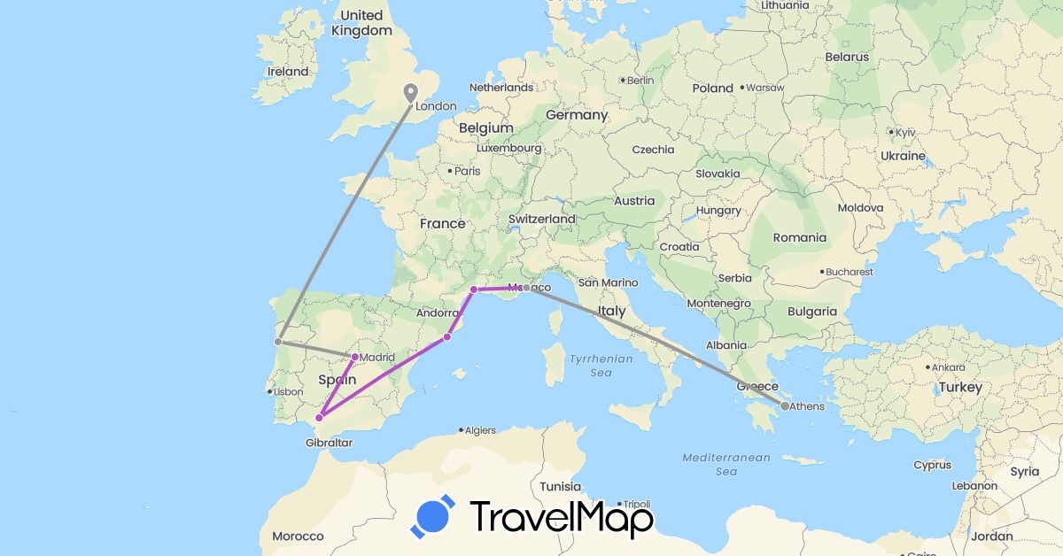 TravelMap itinerary: driving, plane, train in Spain, France, United Kingdom, Greece, Portugal (Europe)